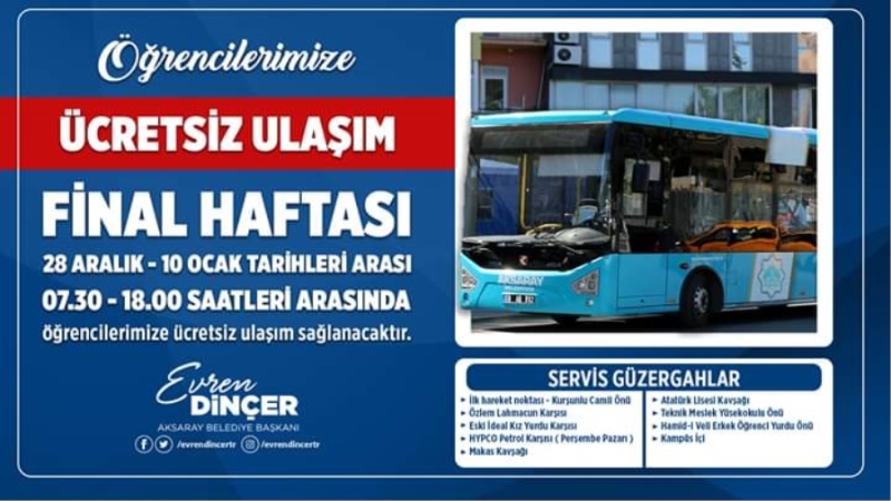 Aksaray Belediyesinden Final Haftası Nedeniyle Üniversite Öğrencilerine Ücretsiz Servis İmkanı