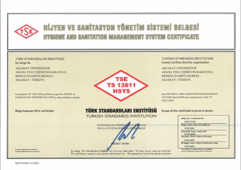 Aksaray Üniversitesi Hijyen Belgesine Sahip İlk Üniversite Oldu
