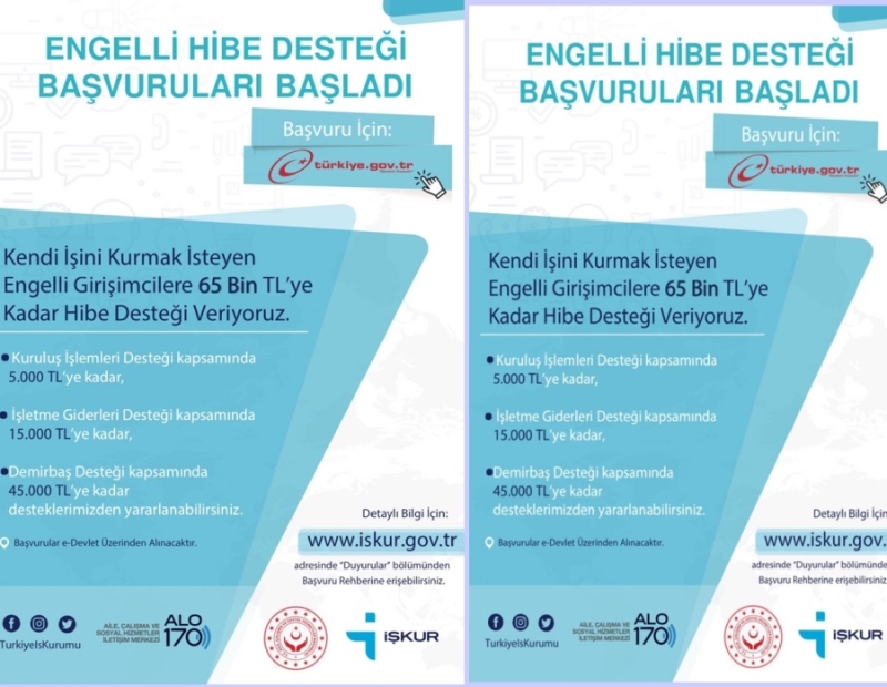 ENGELLİ VE ESKİ HÜKÜMLÜ STATÜSÜNDEKİ VATANDAŞLARIMIZA KENDİ İŞLERİNİ KURMAYA YÖNELİK HİBE DESTEĞİ