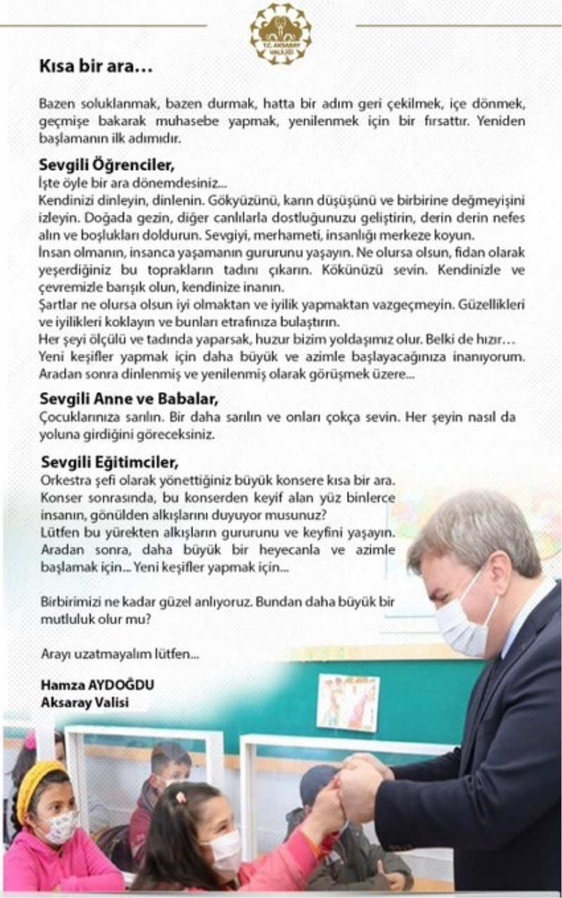 Vali Aydoğdu Tüm Öğrenciler, Öğretmenler ve Veliler İçin Bir Mesaj Yayınladı 